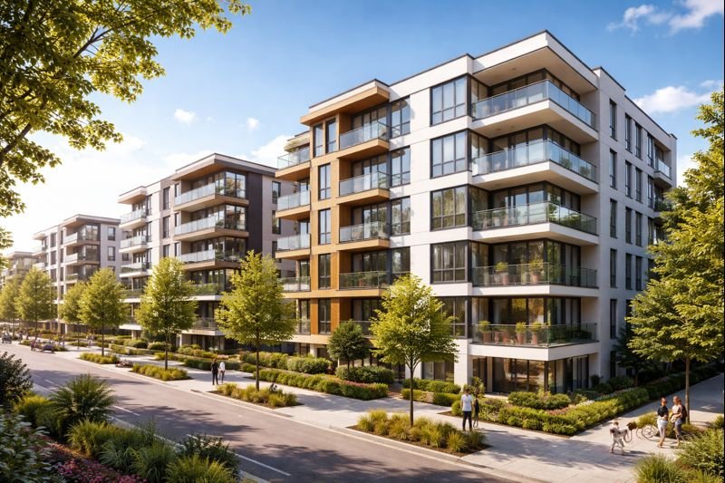 Modern Build to Rent Multifamily residential apartment building with glass balconies, surrounded by landscaped greenery and paved walkways, on a clear sunny day.