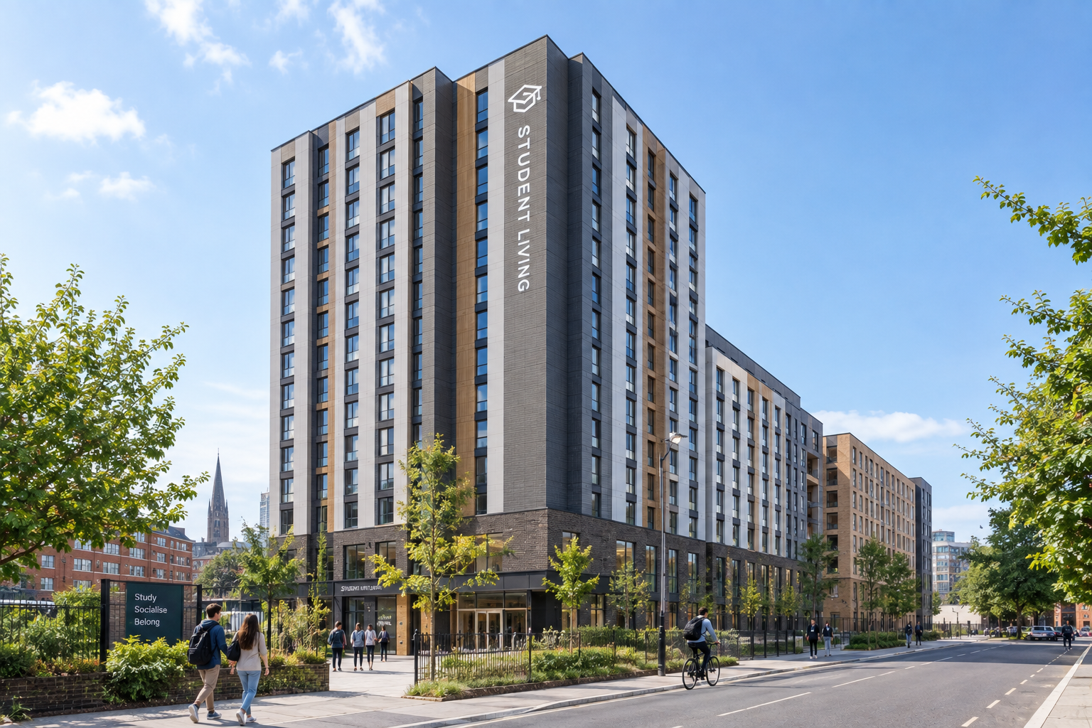 Modern multi-story PBSA student housing building with trees and people walking and biking outside on a sunny day.