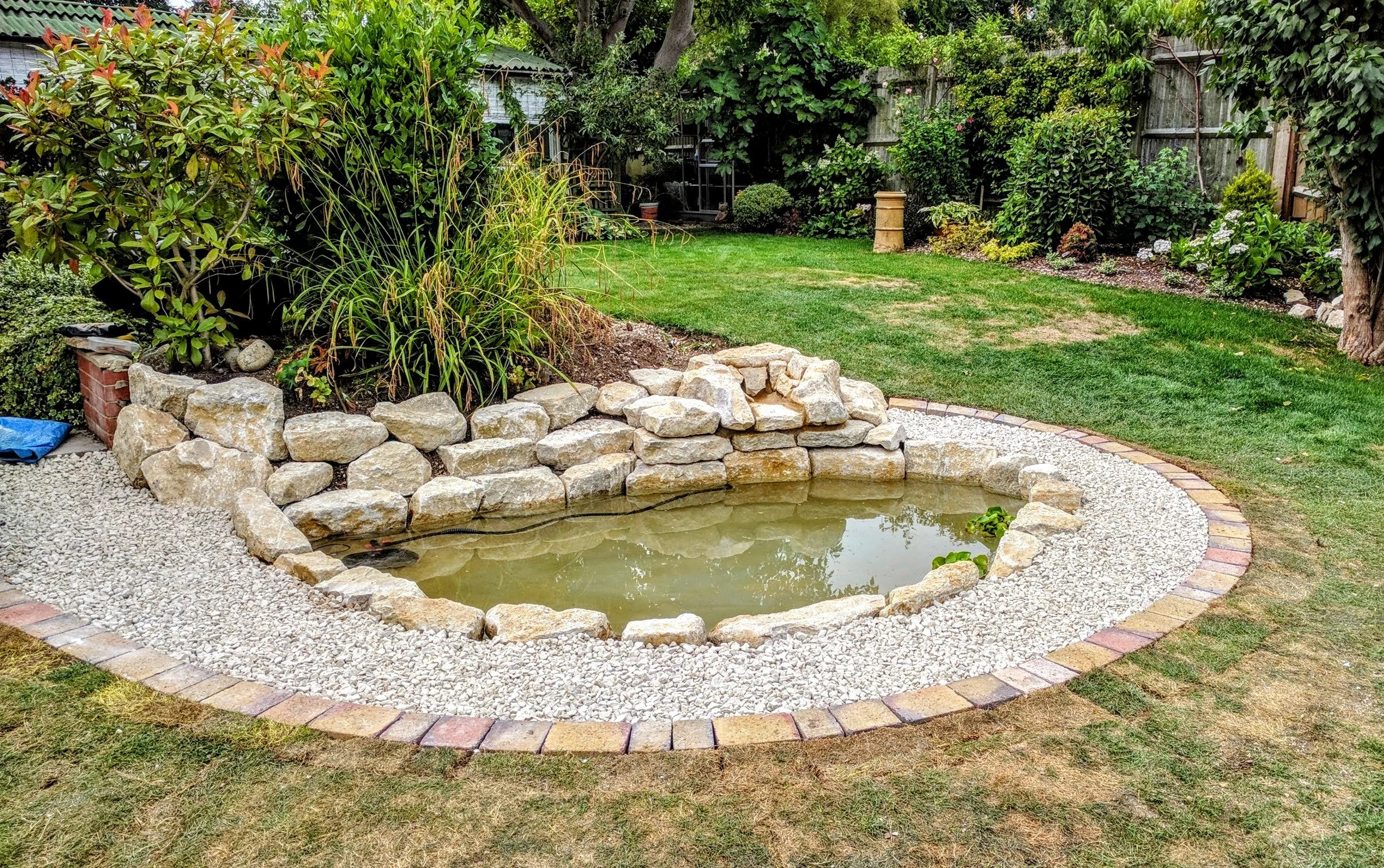 Backyard garden with a small pond surrounded by rocks, green grass, and lush bushes and trees along the fence.