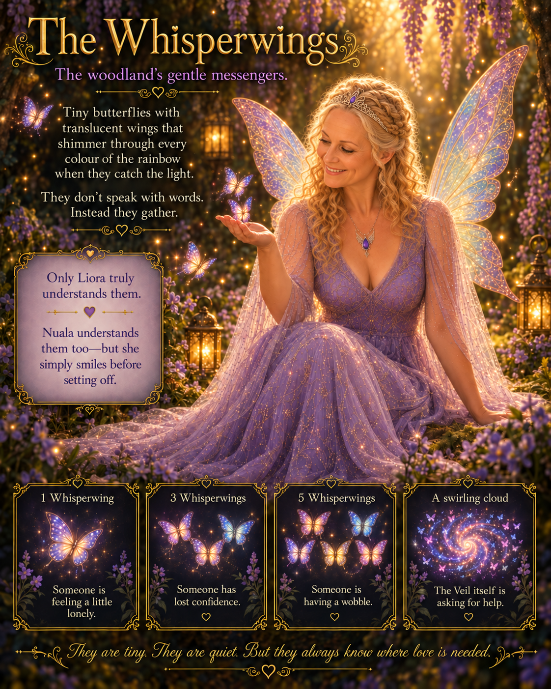 The Whisperwings guide explaining the woodland messengers and the meaning of one, three, five or a swirling cloud of Whisperwings.