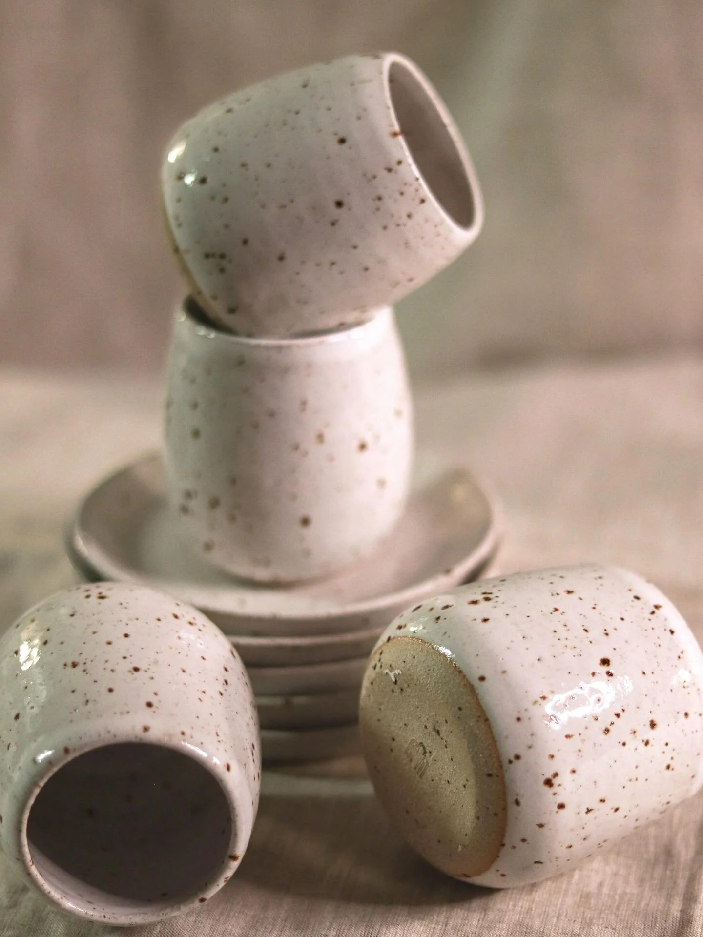 A collection of cups and matching plates with white glaze on top of a lovely flecked clay. 

📸: @the.madbitch 

#pottery #ceramics #handmade #craft #follydesignstudio