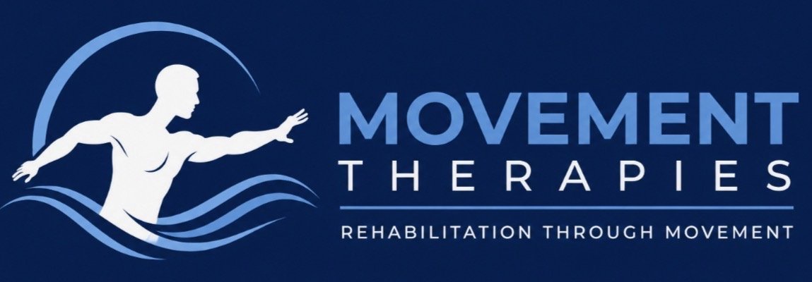 Logo for Movement Therapies showing a person in motion with stylized water waves, and the text 'Movement Therapies' and 'Rehabilitation Through Movement'.