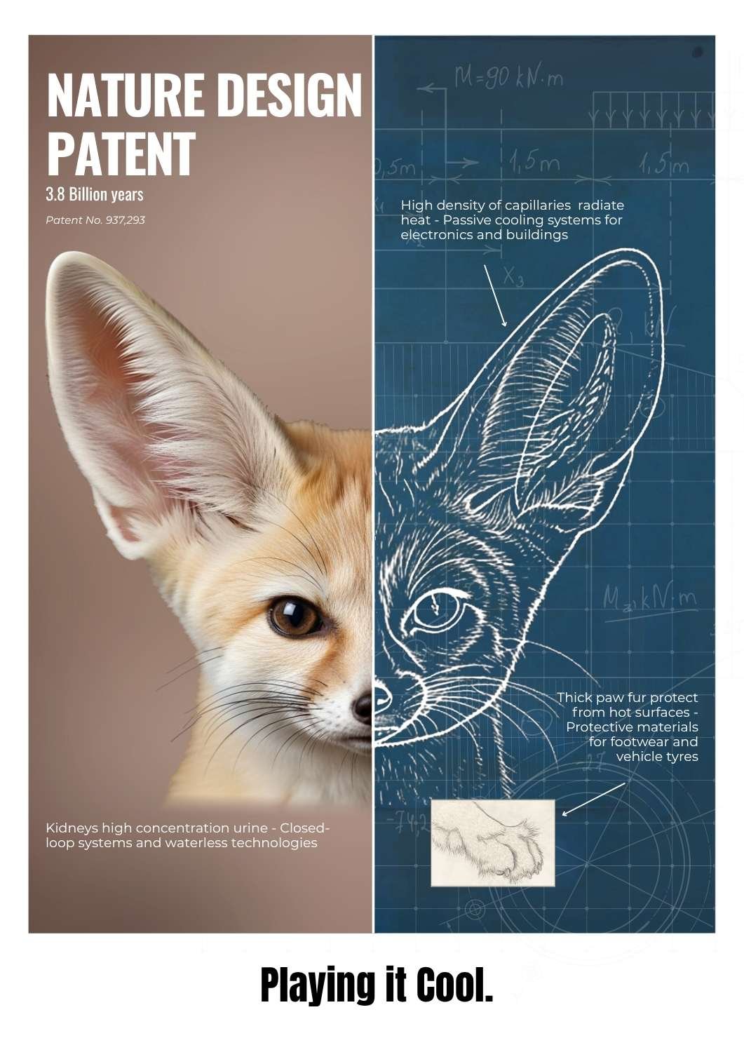 Feral by Design original poster exploring fennec fox adaptations as inspiration for nature-inspired cooling and protective material design.
