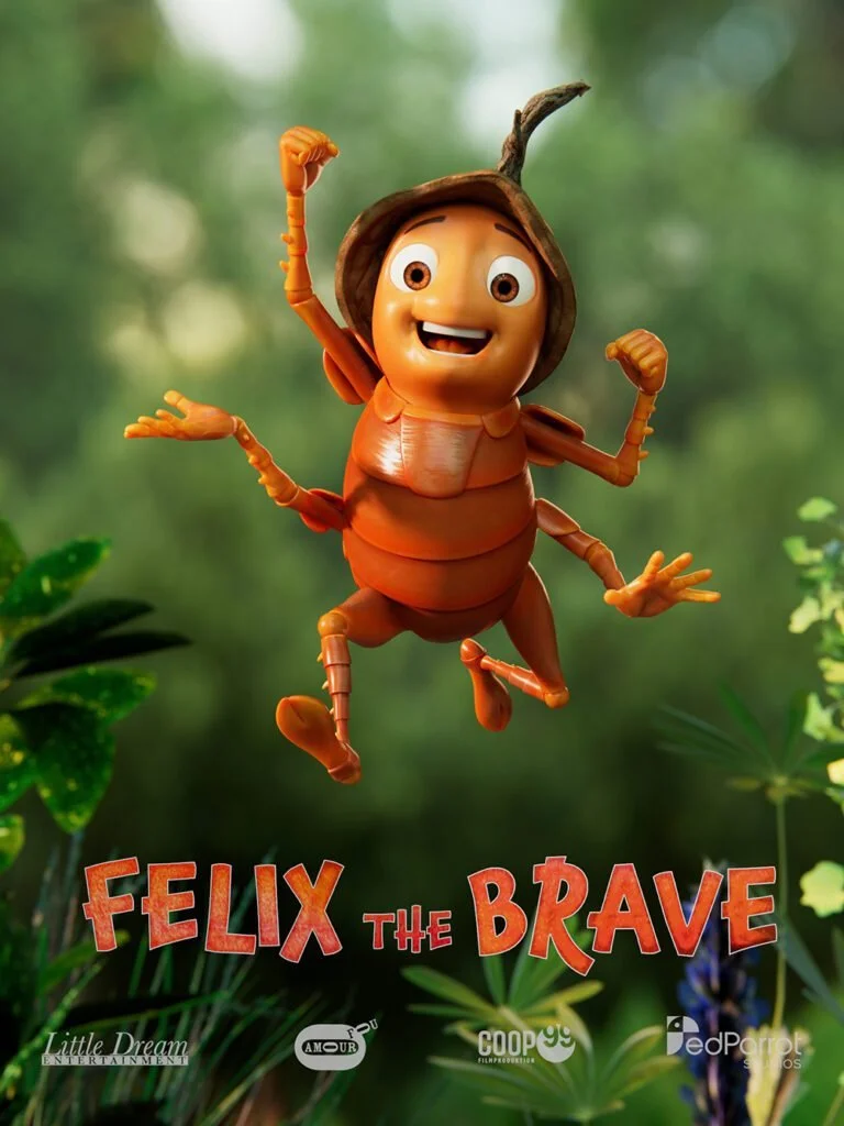Animated character Felix the Brave, a human-insect hybrid with a big smile, wearing a leaf hat and standing against a jungle backdrop. Text on the image reads "Felix the Brave" and includes logos for entertainment companies.