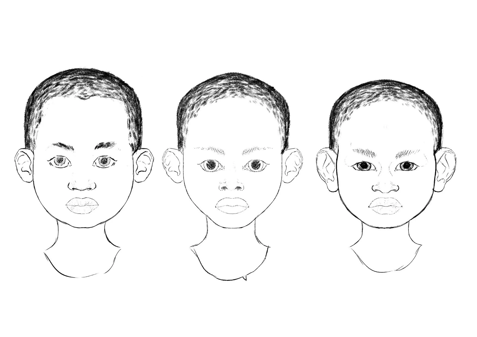 Black and white illustration of three identical children with short hair, large eyes, and full lips, facing forward with neutral expressions.