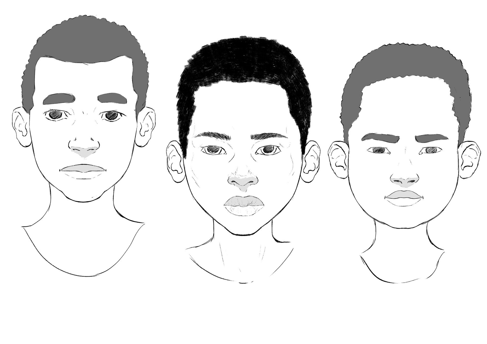 Line drawing of three male faces with different hairstyles and facial features, arranged side by side.
