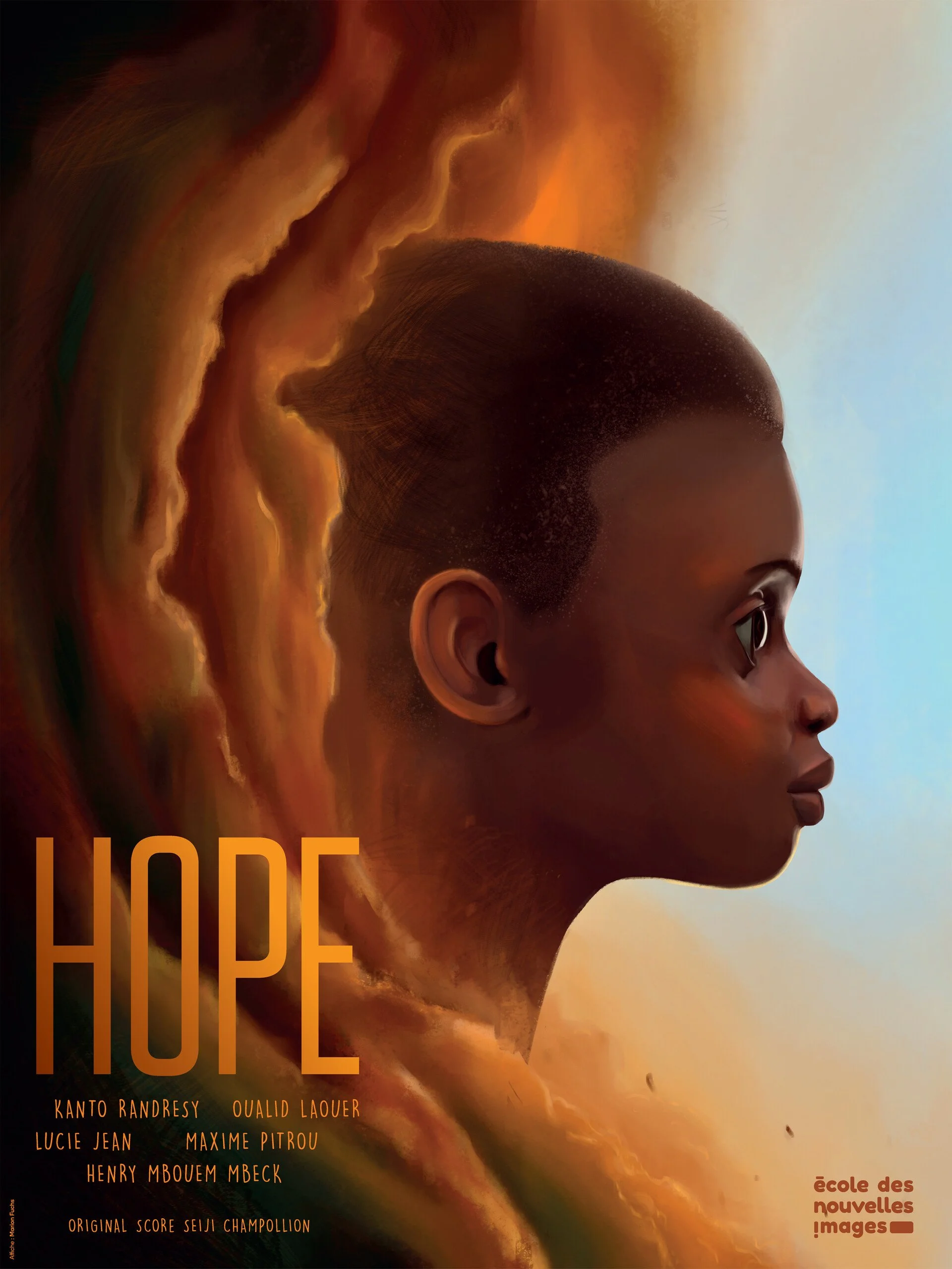 A futuristic digital artwork features a side profile of a person with a shaved head and smooth complexion, blended into a fiery, abstract background with warm colors like orange, yellow, and red. The image includes text with the word 'HOPE' prominently displayed, and additional small text listing names and the phrase 'école des nouvelles images' in the bottom right corner.