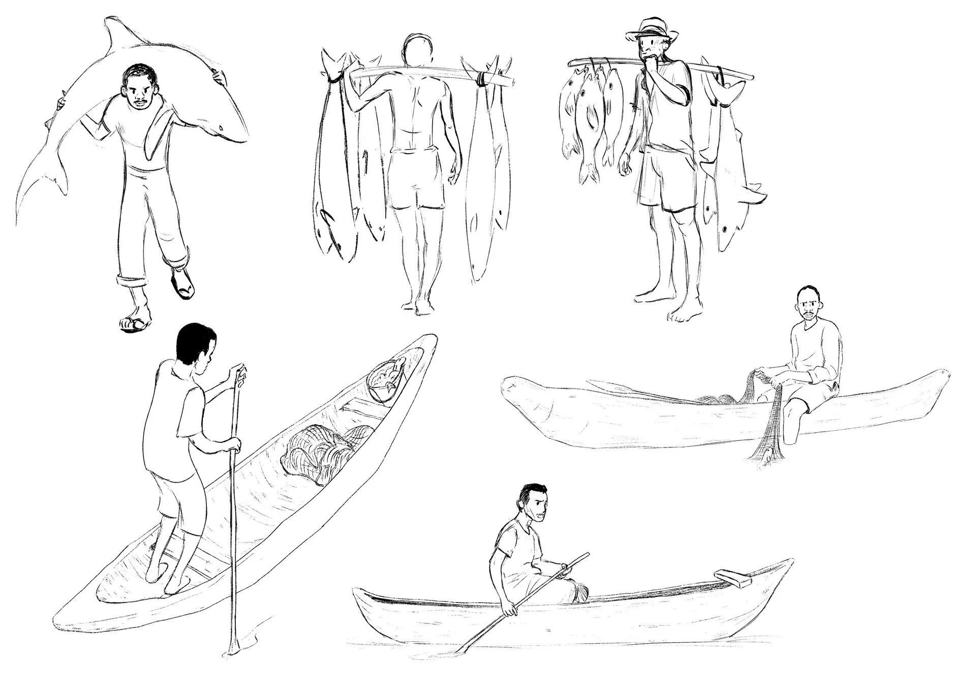 Sketch of several people engaging in fishing and boating activities, including a man carrying a large fish, a man with a fishing spear in a boat, a man with fish hanging on a pole, and a person sitting in a boat with fishing gear.