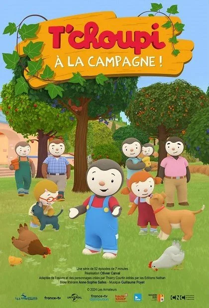 Colorful cartoon poster for 'T'choupi à la campagne' featuring T'choupi and other characters on a farm, with trees, animals, and a bright sky.