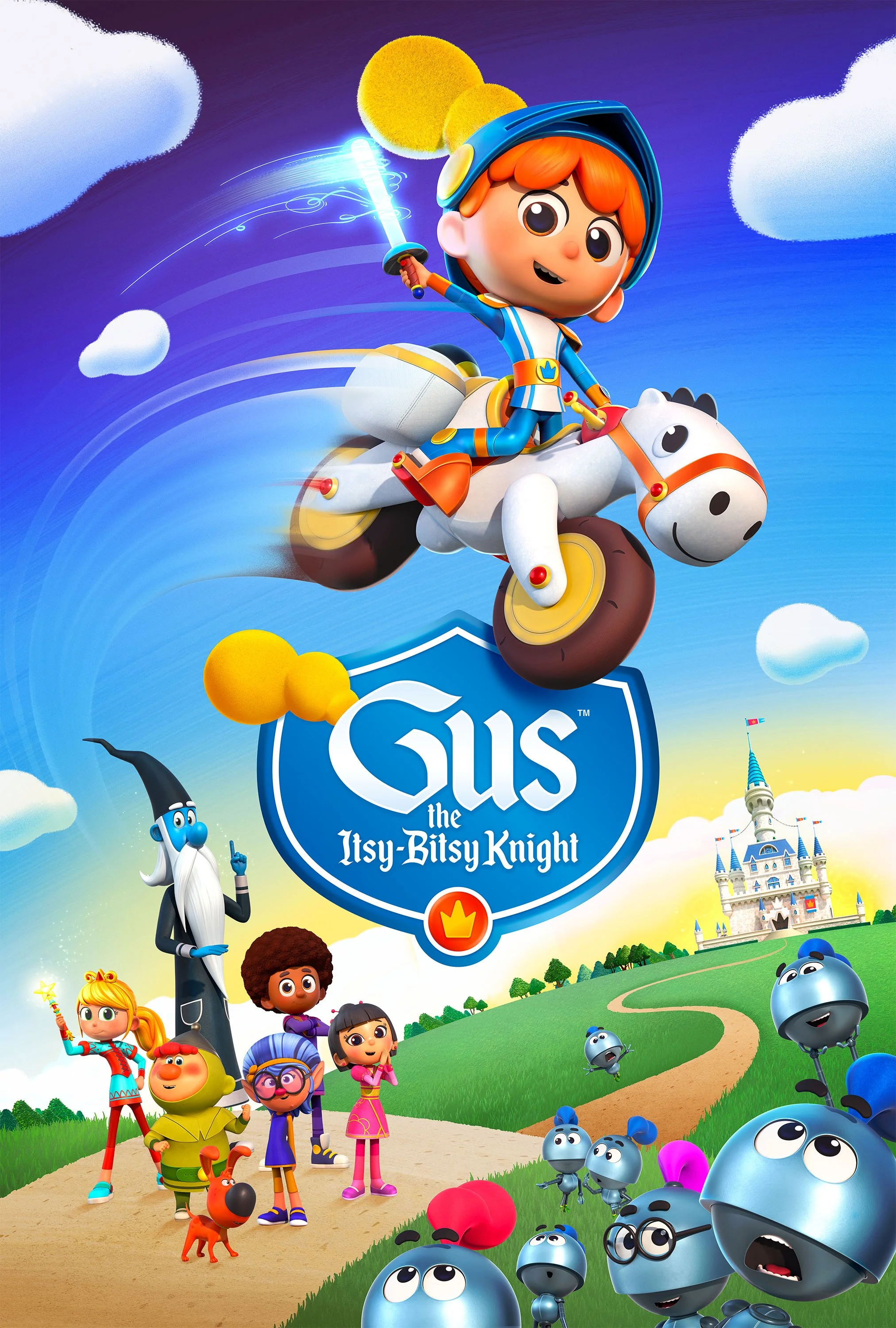 Animated characters from Gus the Itsy-Bitsy Knight, including a boy with red hair riding a white horse, holding a glowing sword, and surrounded by other characters and blue, gray, and pink insects in a colorful castle landscape with a blue sky and white clouds.
