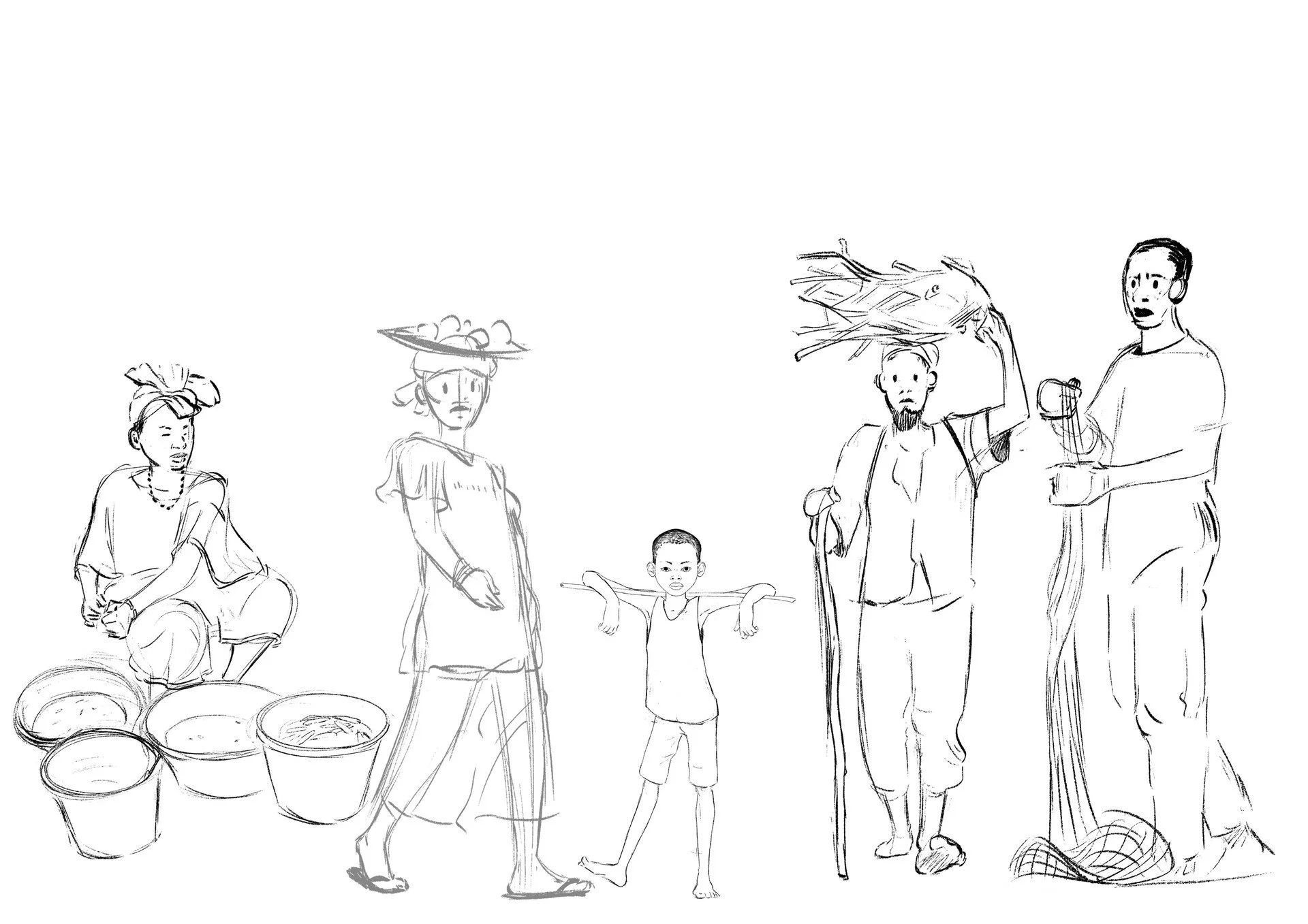 A sketch of people at a food market, with containers of food on the left, a woman with a basket on her head, and various individuals standing around, including children and adults, some holding items or engaging in conversation.