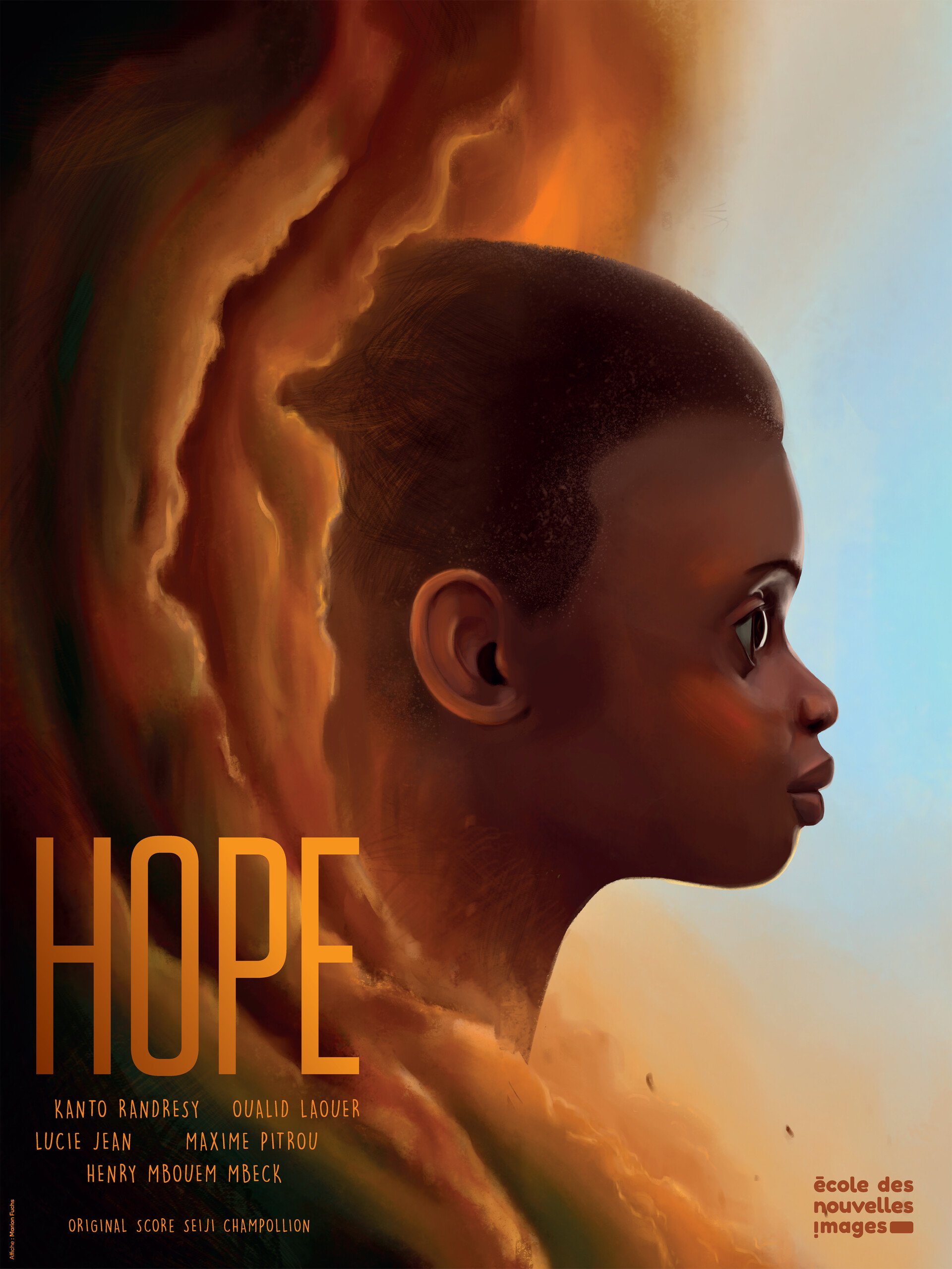 A close-up illustration of a person's side profile with stylized, smooth, warm-toned skin, facing right. The background features a gradient of warm sunset colors. The poster includes text with the word 'HOPE' in large orange letters, and lists names 