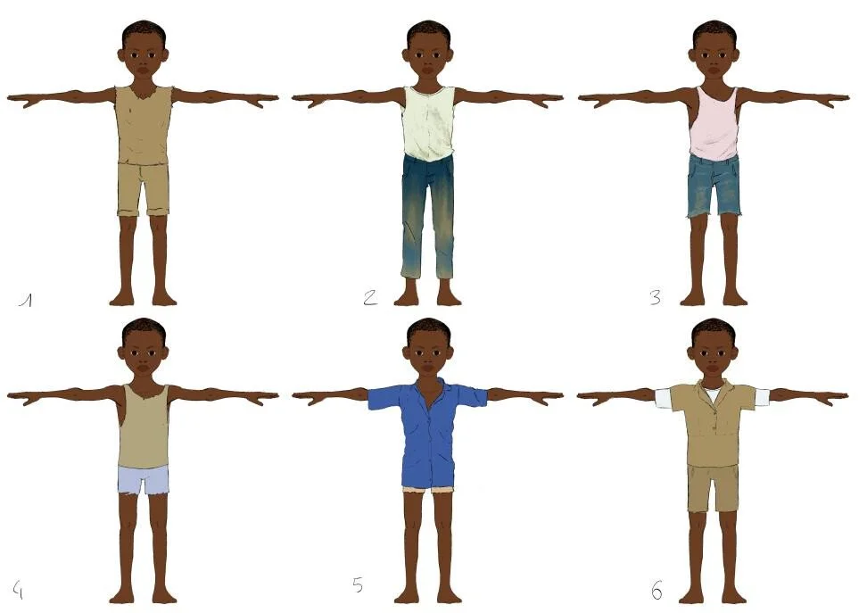 Six illustrations of a boy in different outfits with arms extended horizontally, numbered 1 to 6.