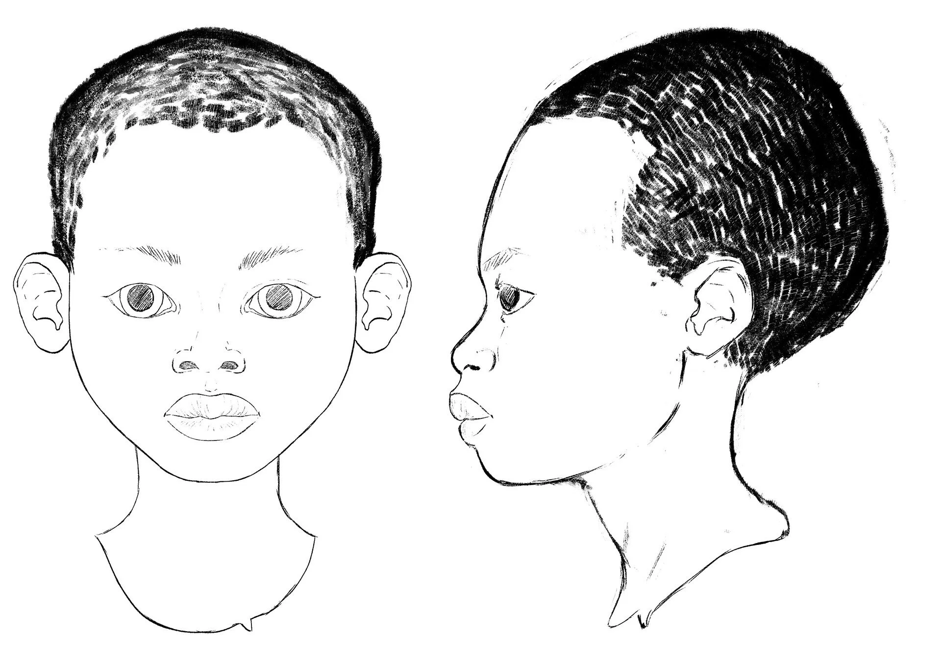 Black and white sketch of a woman's face from the front and side views, showcasing different hairstyles.