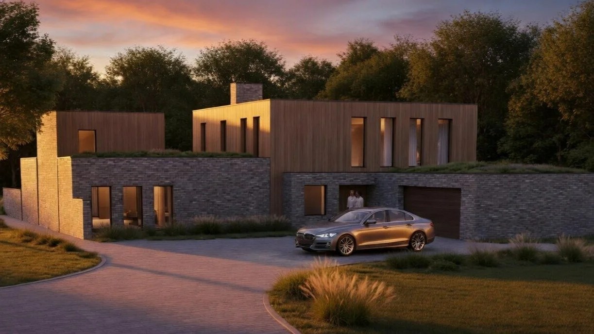 This proposal replaces a small dilapidated bungalow in a Conservation Area in Hart DC. The timber cladding and green roofs were deemed to have a positive impact on the verdant character of the area, and therefore approved via Appeal. 
If at first you