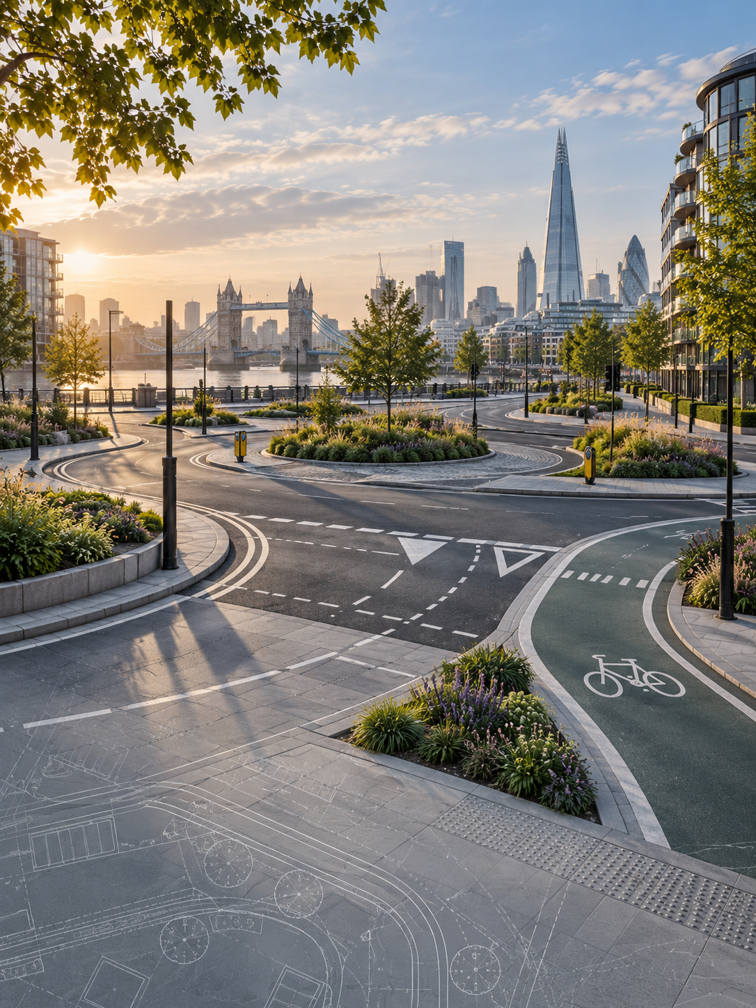 London street with road markings, cycle infrastructure and transport planning drawing overlay
