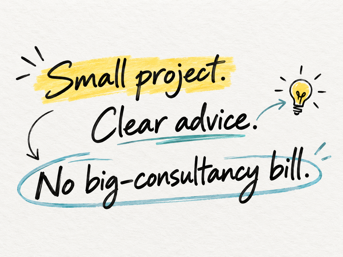 Colorful handwritten notes on a beige background with phrases: "Small project." highlighted in yellow, "Clear advice." underlined in teal, and "No big-consultancy bill." circled in teal. There is a small doodle of a light bulb.