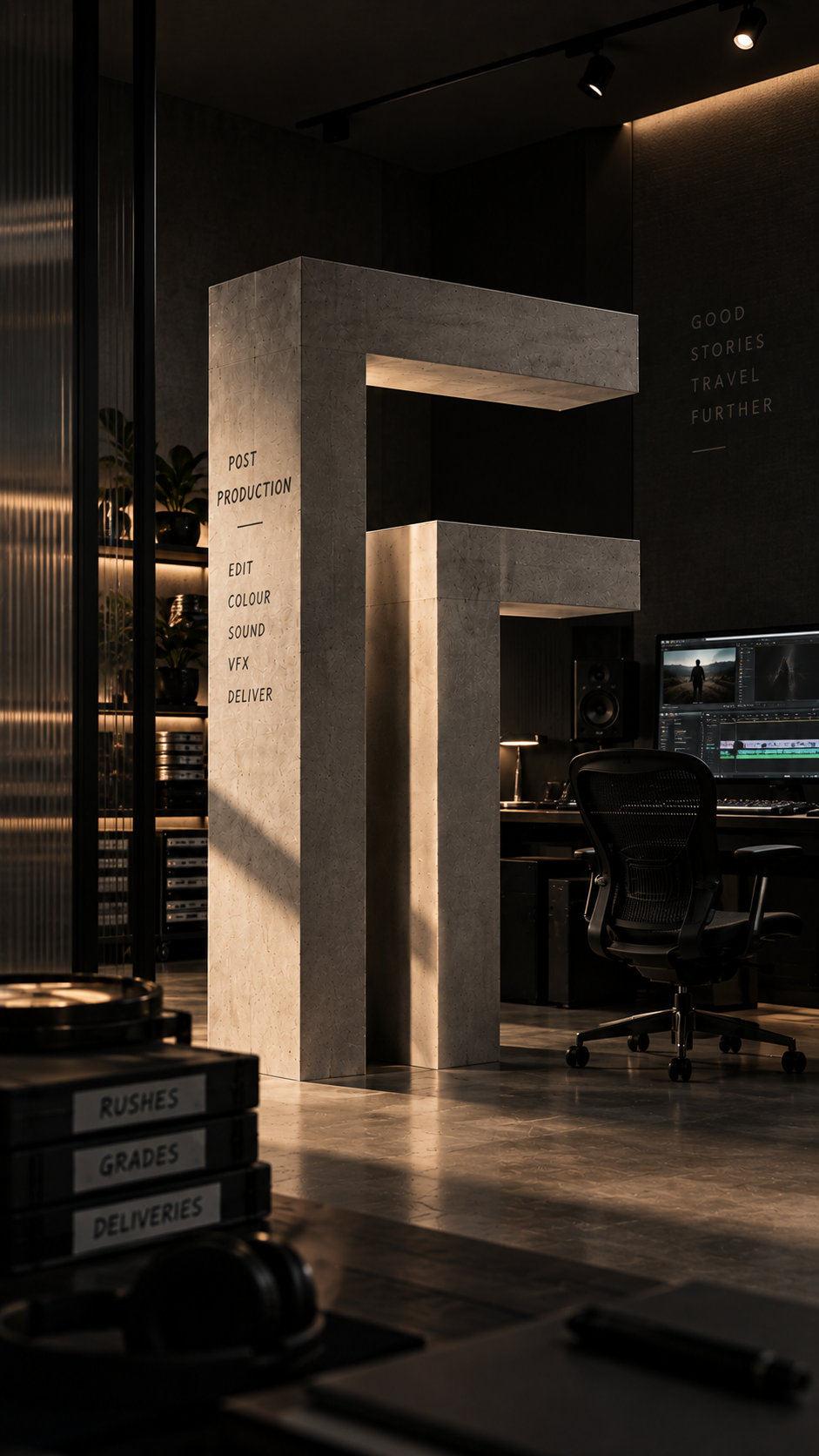 A modern editing studio with a concrete structure resembling an 'F' in the center, illuminated by warm lighting. The wall to the right has the words 'Good Stories Travel Further'. An office chair faces a computer with video editing software, surrounded by studio equipment and plants.