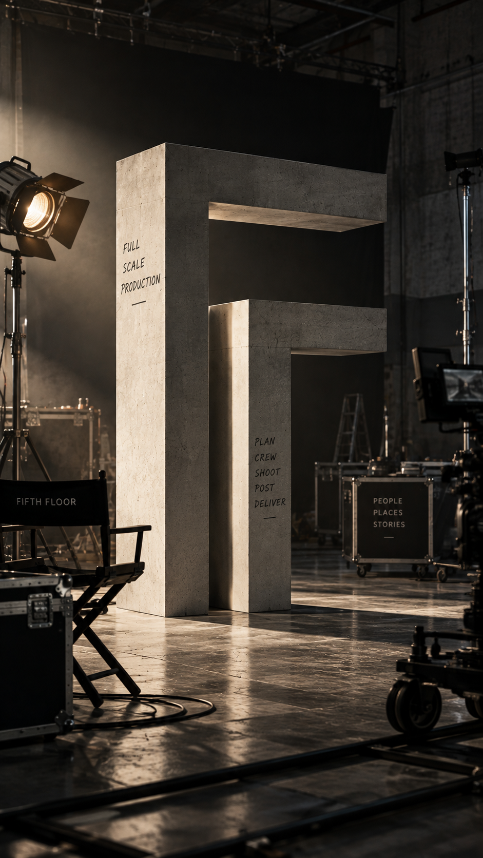 Film set with large concrete letter 'F', studio lights, camera equipment, and black containers on wheels with labels involving production stages.