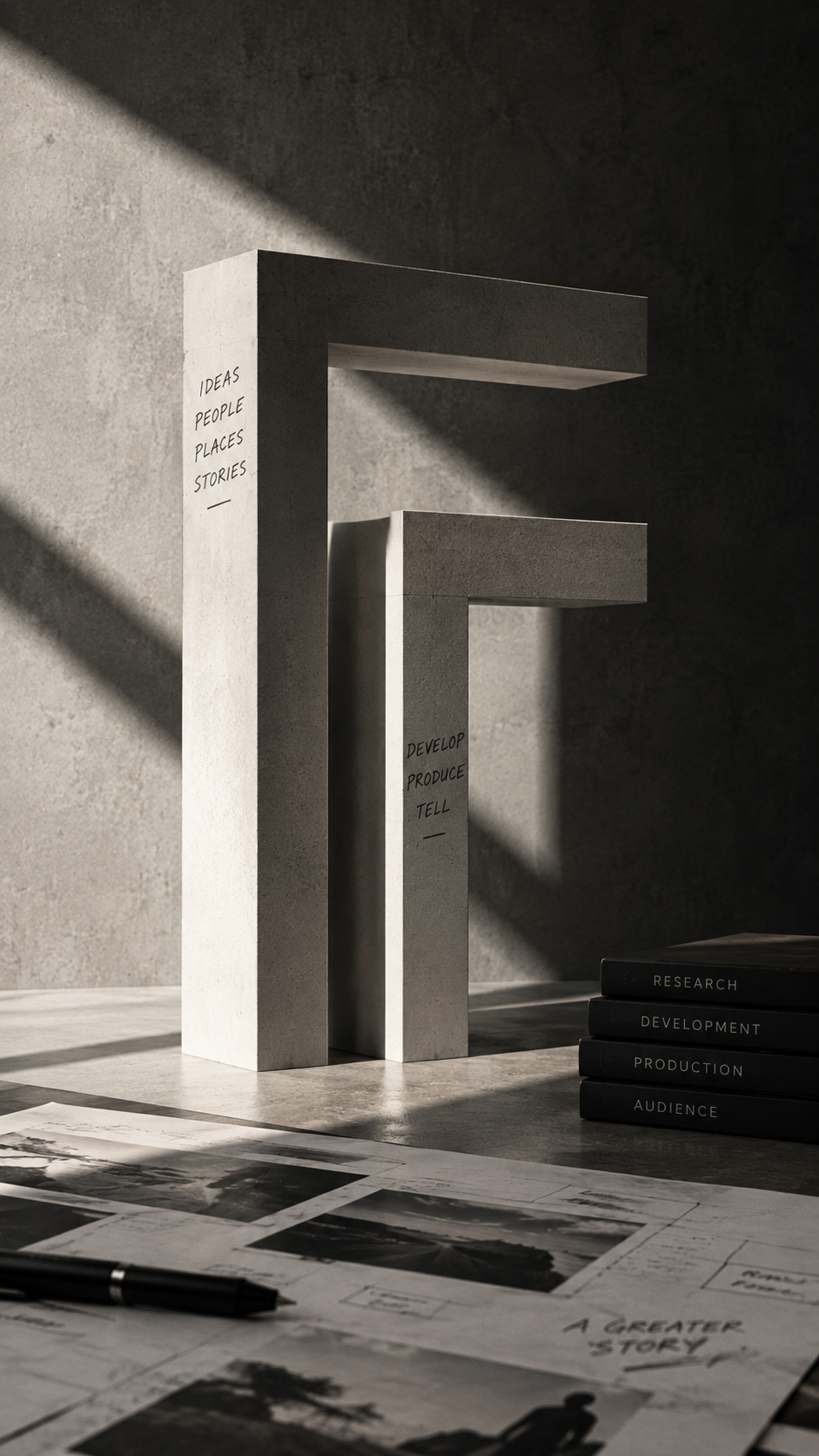 Concrete blocks shaped like the letter 'F' with handwritten words on the sides, set against a textured wall with shadows. There are stacks of black books labeled 'Research,' 'Development,' 'Production,' and 'Audience' and some printed papers and a pen nearby.
