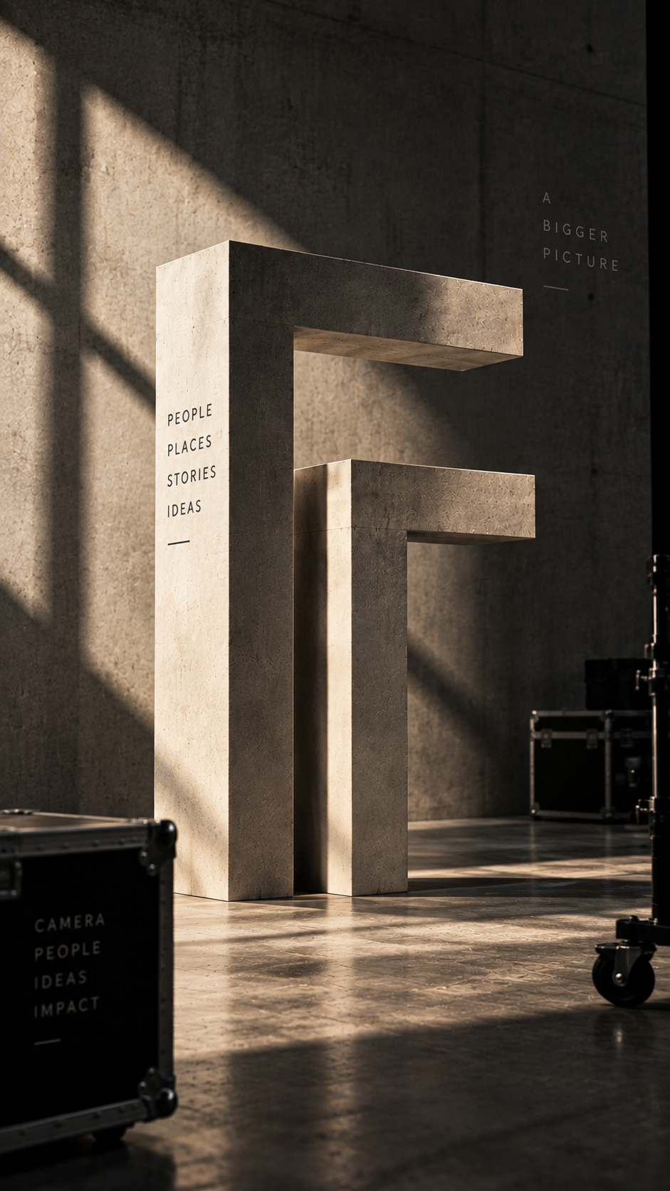 Large modern art installation or sign in a spacious industrial-style room, with words like 'People,' 'Places,' 'Stories,' and 'Ideas' inscribed on it, illuminated by natural light and surrounded by equipment cases.