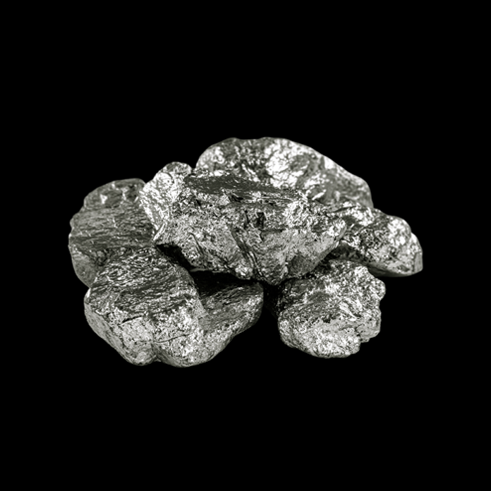 A cluster of silver metallic rocks against a black background.