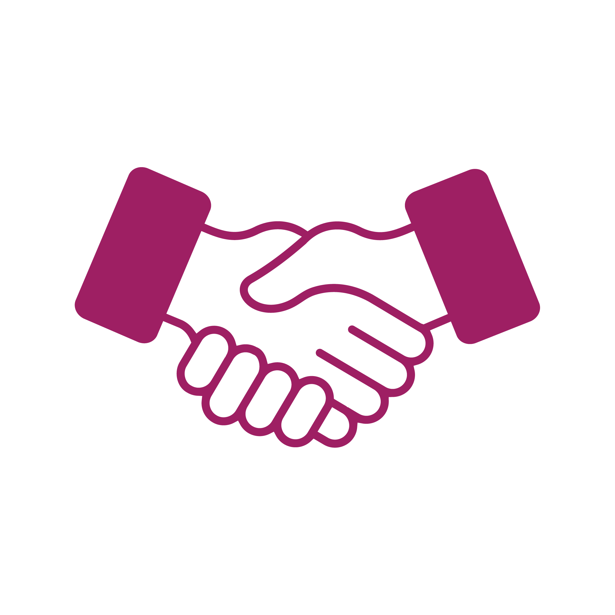 Outline of two hands shaking, with one hand in purple and the other in dark purple, symbolizing partnership or agreement.