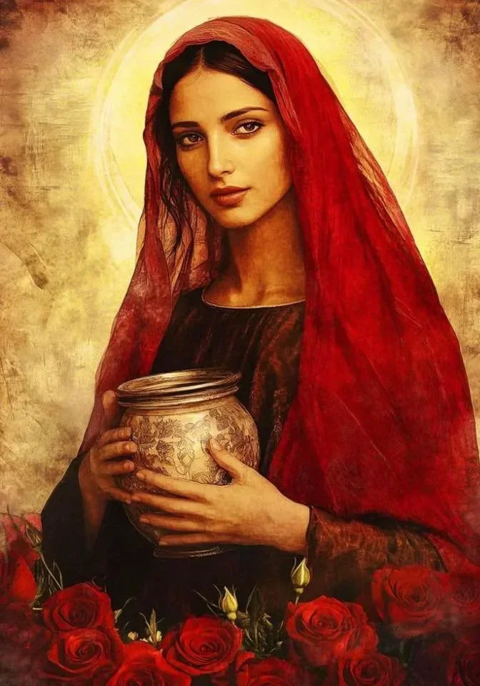 Mary Magdalene holding a decorated vase, surrounded by red roses.