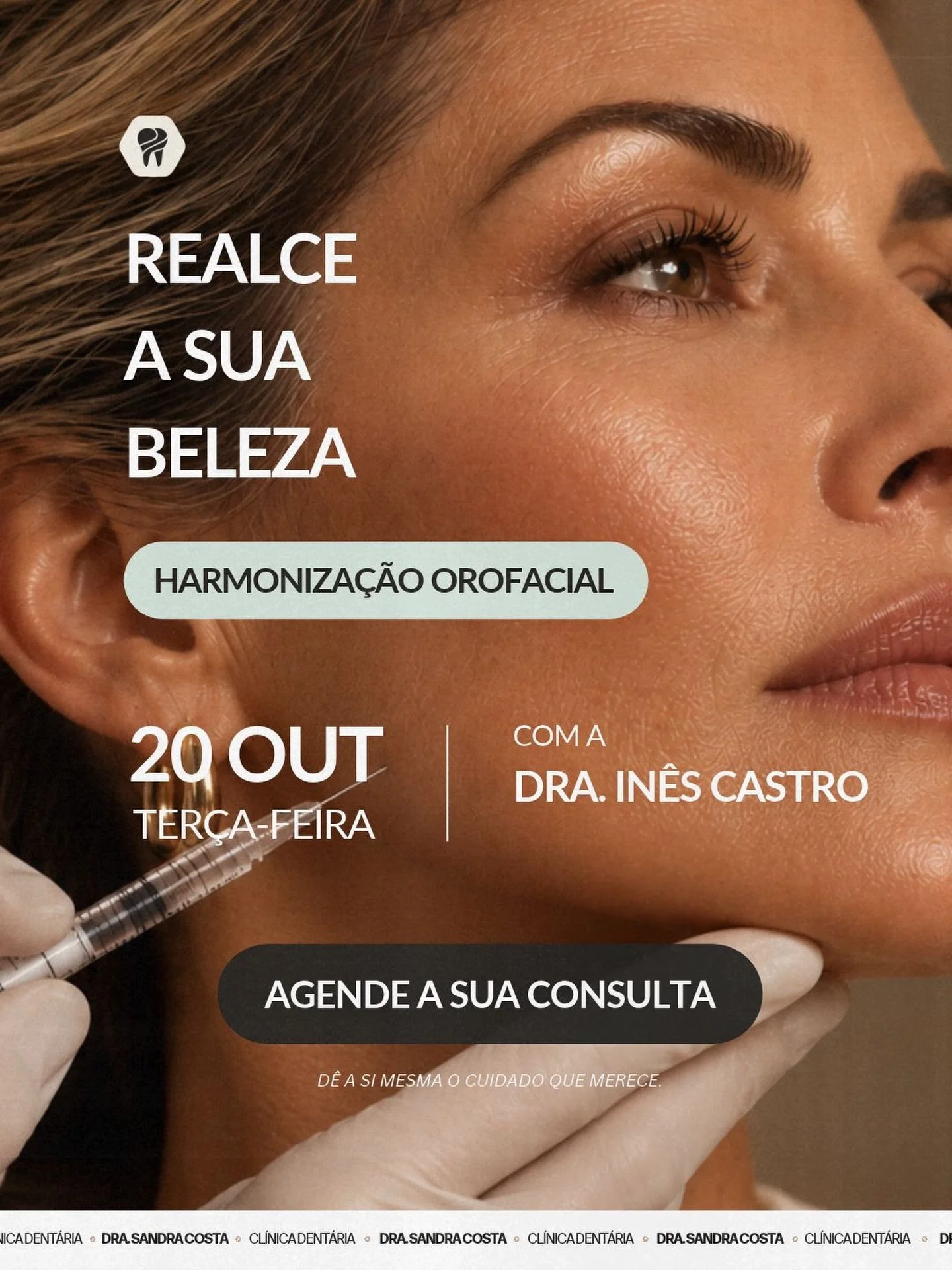 Realce a sua beleza natural! 🤍

Dia 20 de Outubro, recebemos a Dra. In&ecirc;s Castro para um dia dedicado &agrave; Harmoniza&ccedil;&atilde;o Orofacial.
D&ecirc; a si mesma o cuidado que merece! Reserve j&aacute; a sua vaga e descubra a beleza de s