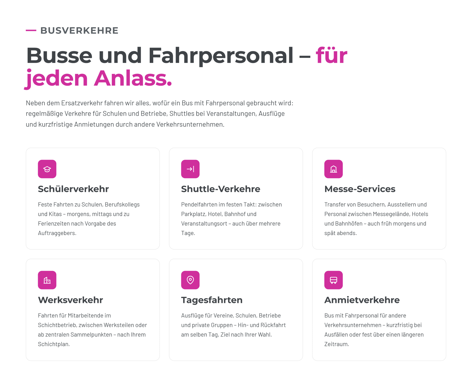 Webseite mit Informationen über den Busverkehr, inklusive Kategorien wie Schülerverkehr, Shuttle-Verkehr, Messe-Services, Werkverkehr, Tagesfahrten und Mietverkehre, mit Icons und Textbeschreibungen.