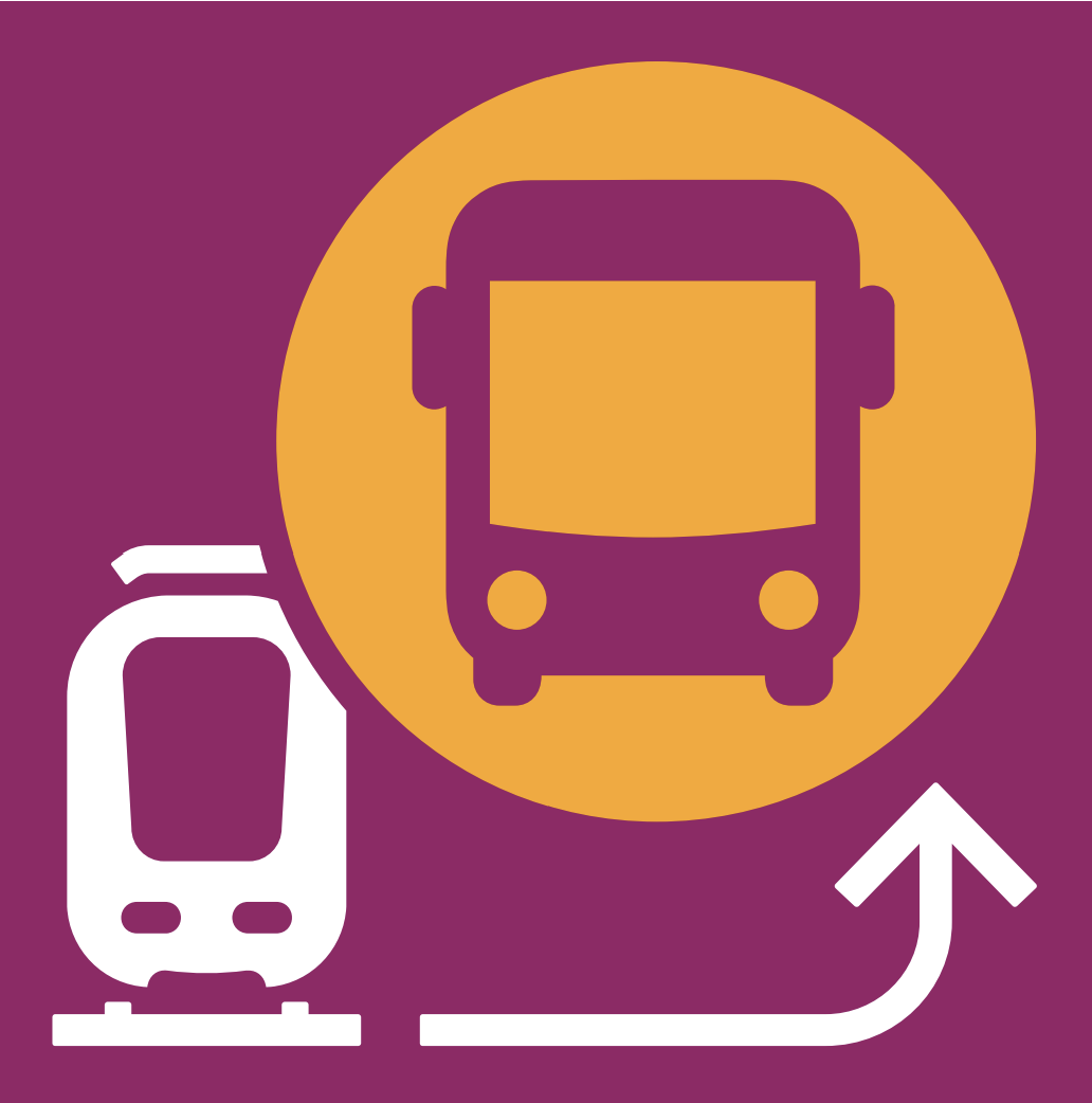 Symbol für Buslinie, OOKUUS, mit Bus, Telefon, und Pfeil, auf lila Hintergrund.