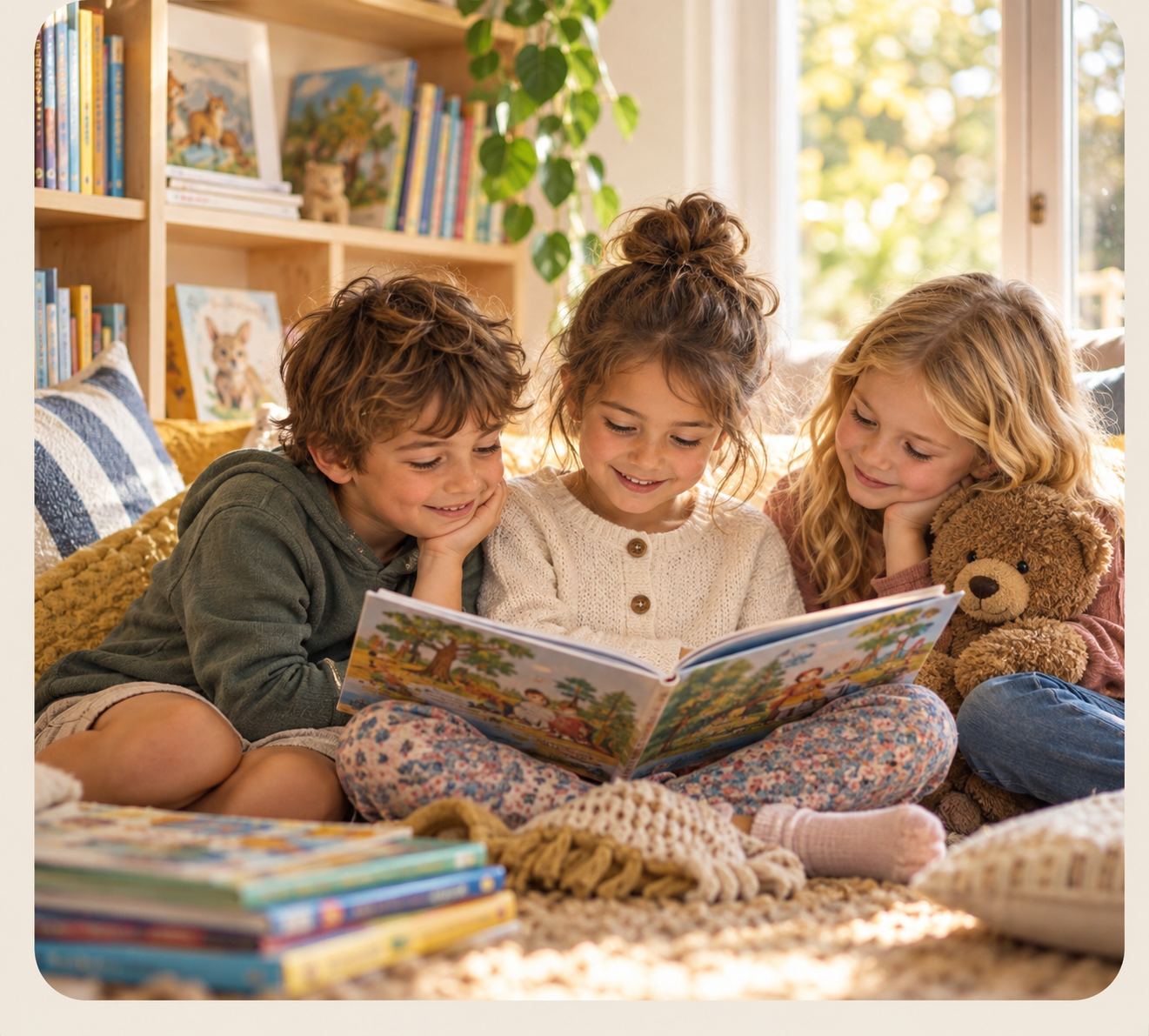 Three children sitting together and reading a picture book.