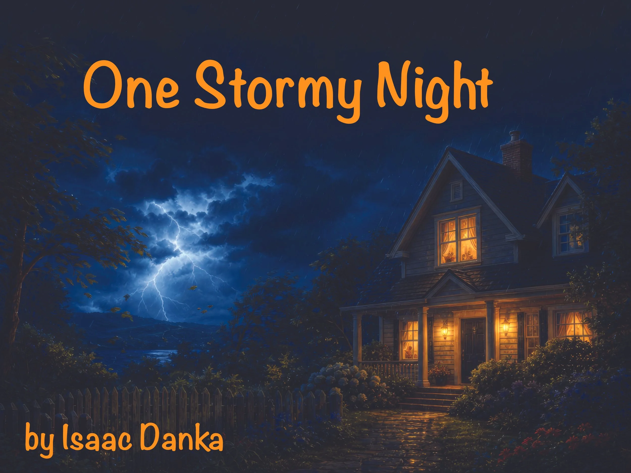 Book cover for One Stormy Night, showing a house during a dark thunderstorm with lightning overhead.