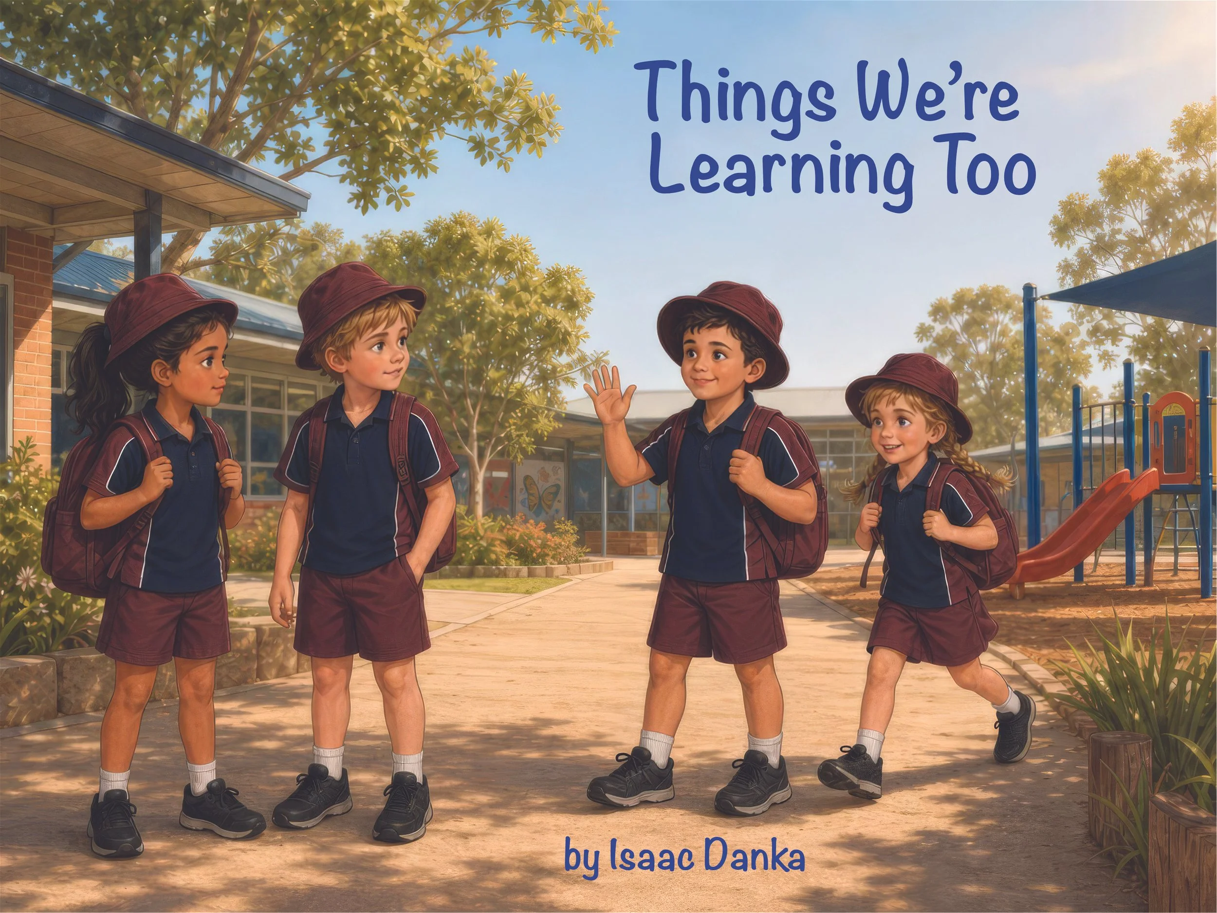 Book cover for Things We’re Learning Too, showing a group of schoolchildren together outside their school.