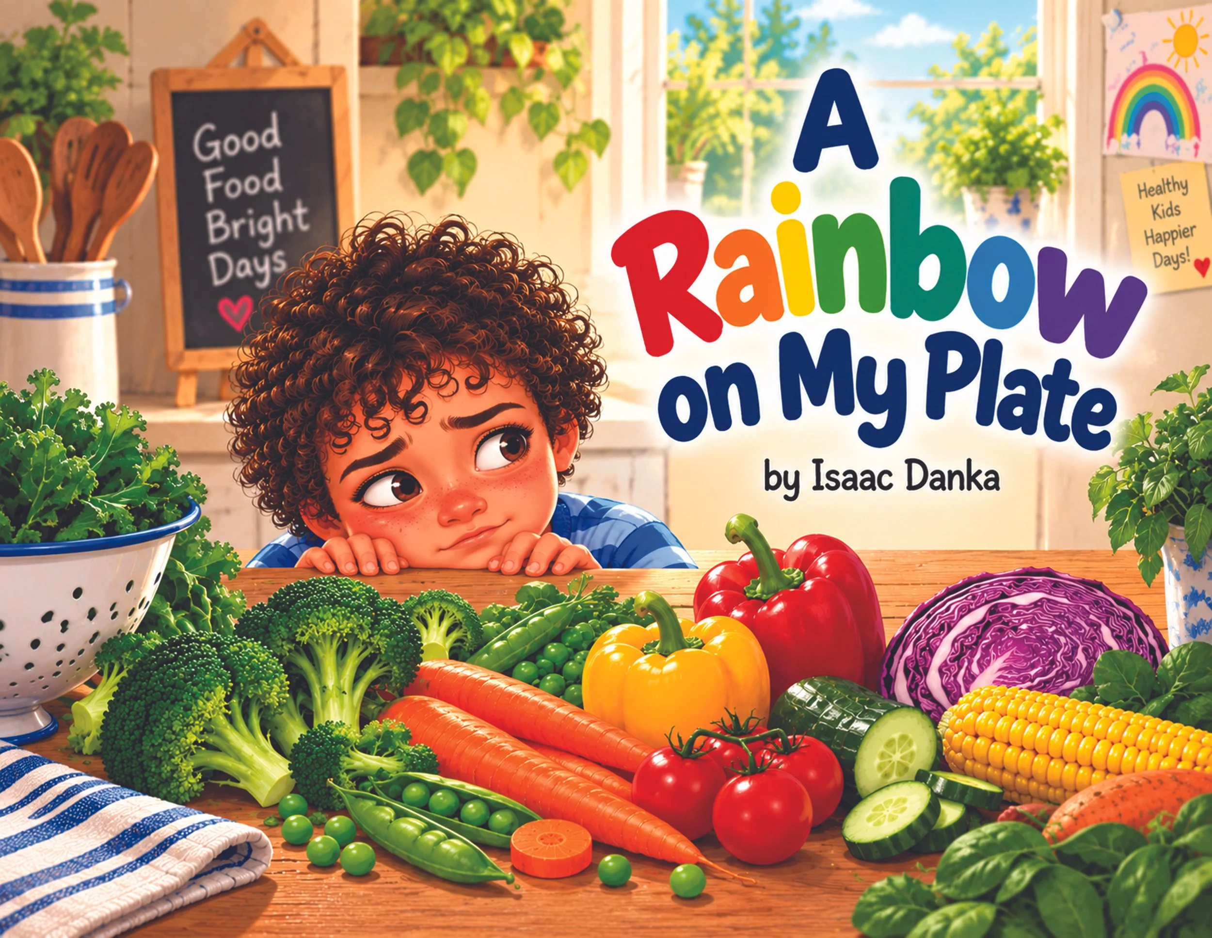 Book cover for A Rainbow on My Plate, showing a young boy surrounded by colourful vegetables.