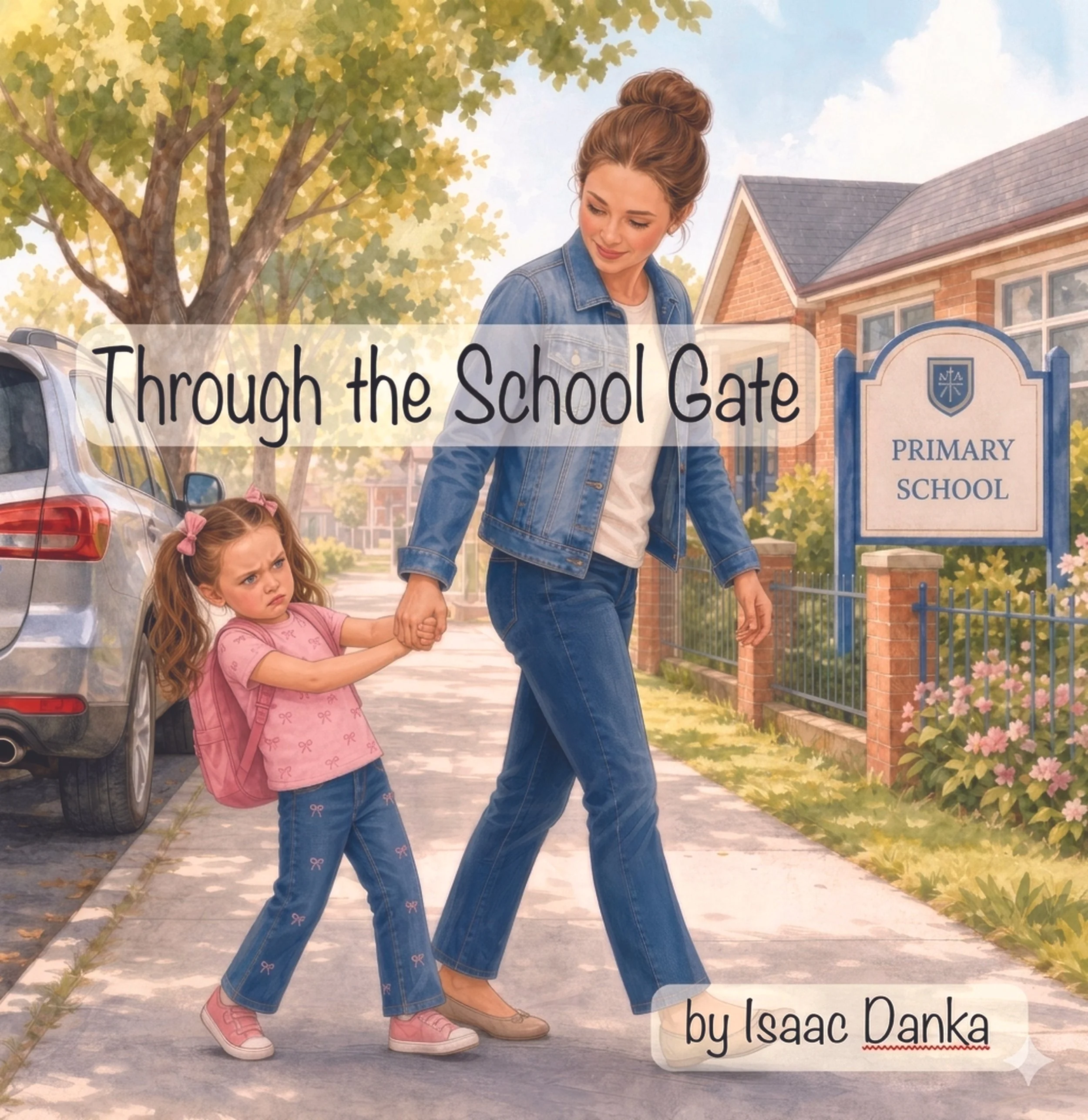 Book cover for Through the School Gate, showing Scarlett holding an adult’s hand outside a primary school.