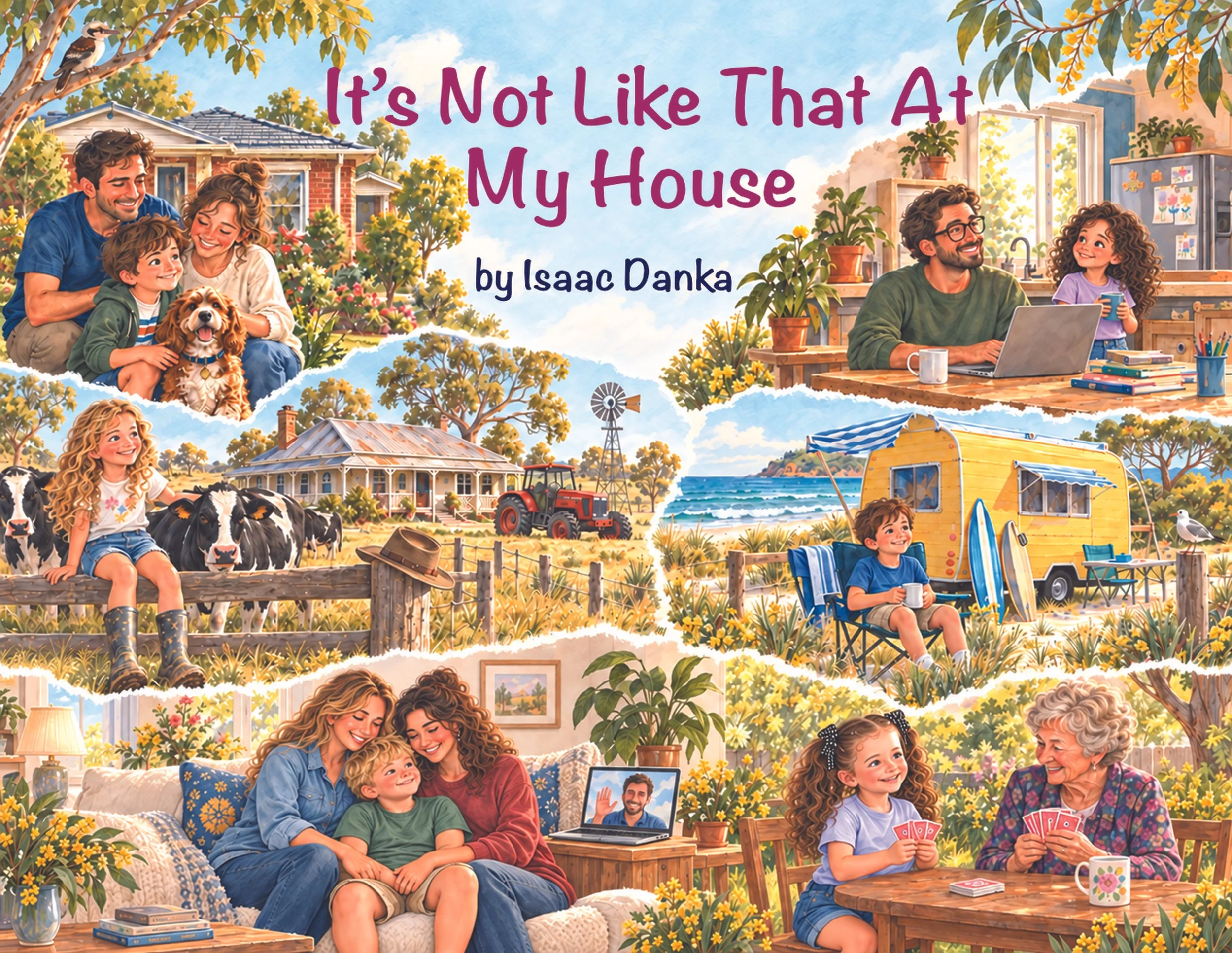 Book cover for It’s Not Like That at My House, showing a colourful collage of children, families and different homes.