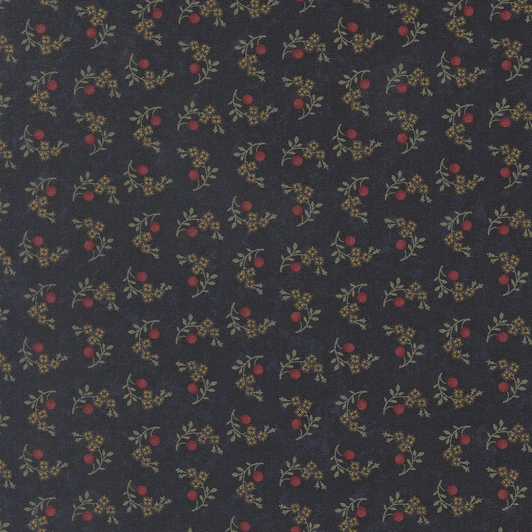 Dark fabric with small, repeating pattern of red berries and tiny yellow flowers with green leaves.
