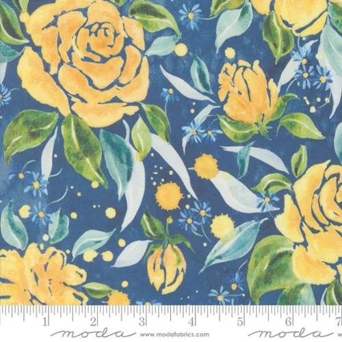Floral fabric pattern with yellow roses, green leaves, and small white and yellow flowers on a dark blue background.