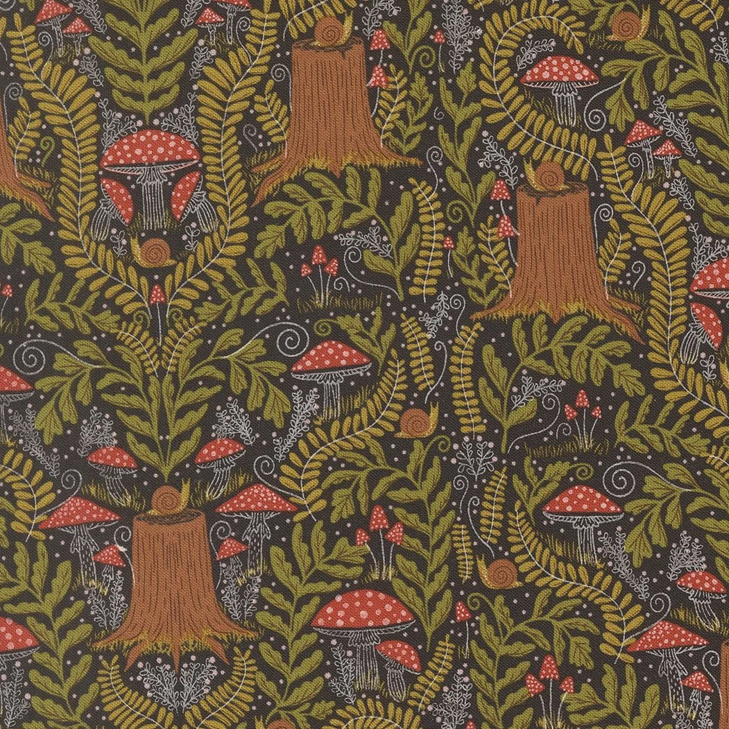 Pattern featuring tree stumps, red mushrooms with white spots, green fern-like leaves, small brown snails, and decorative white swirls on a dark background.
