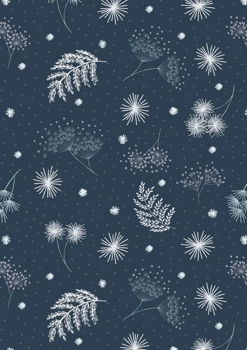Pattern of white botanical illustrations and dandelions on a dark blue background.