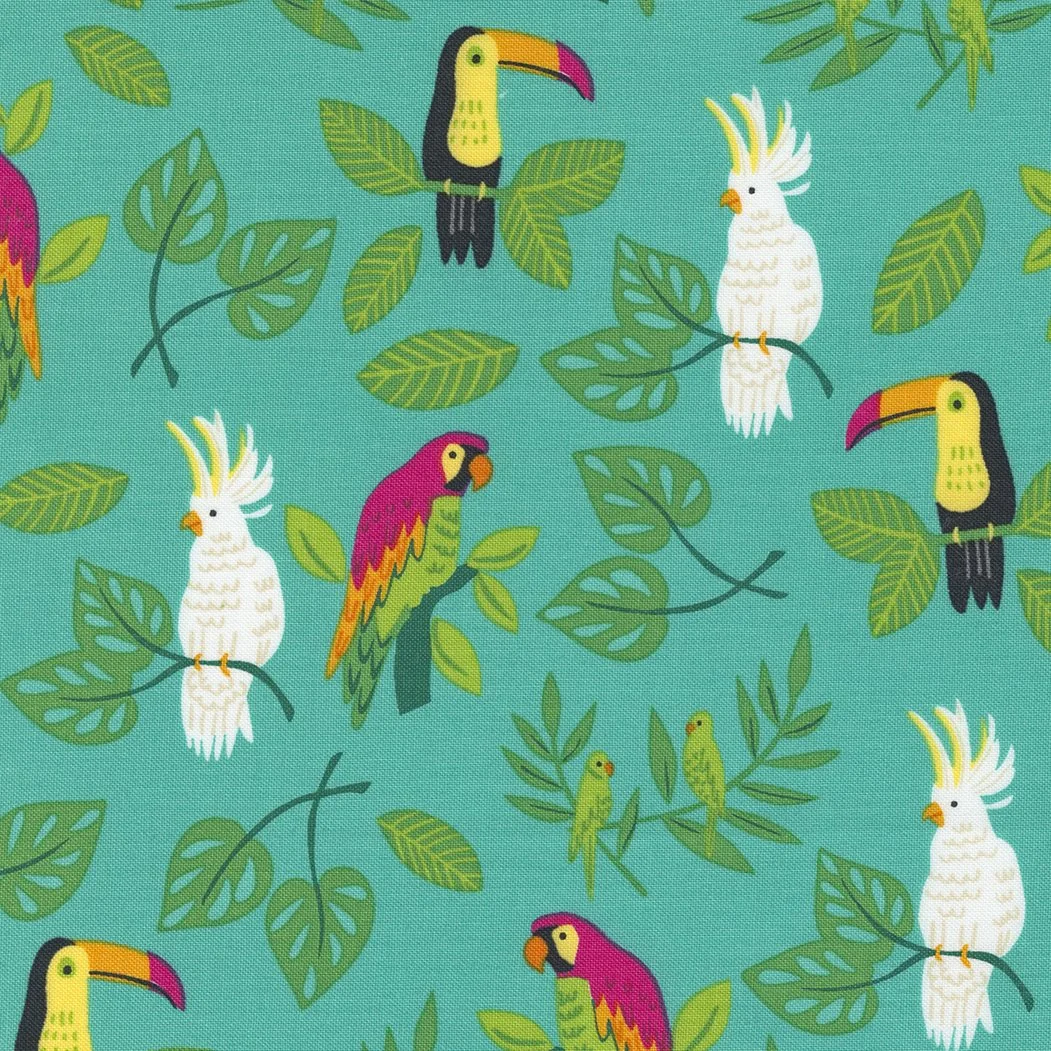Colorful pattern featuring toucans, cockatoos, and small green parrots perched on tropical green leaves on a turquoise background.