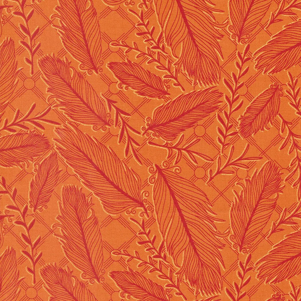 A detailed pattern of feathers and leaves in shades of orange and red.
