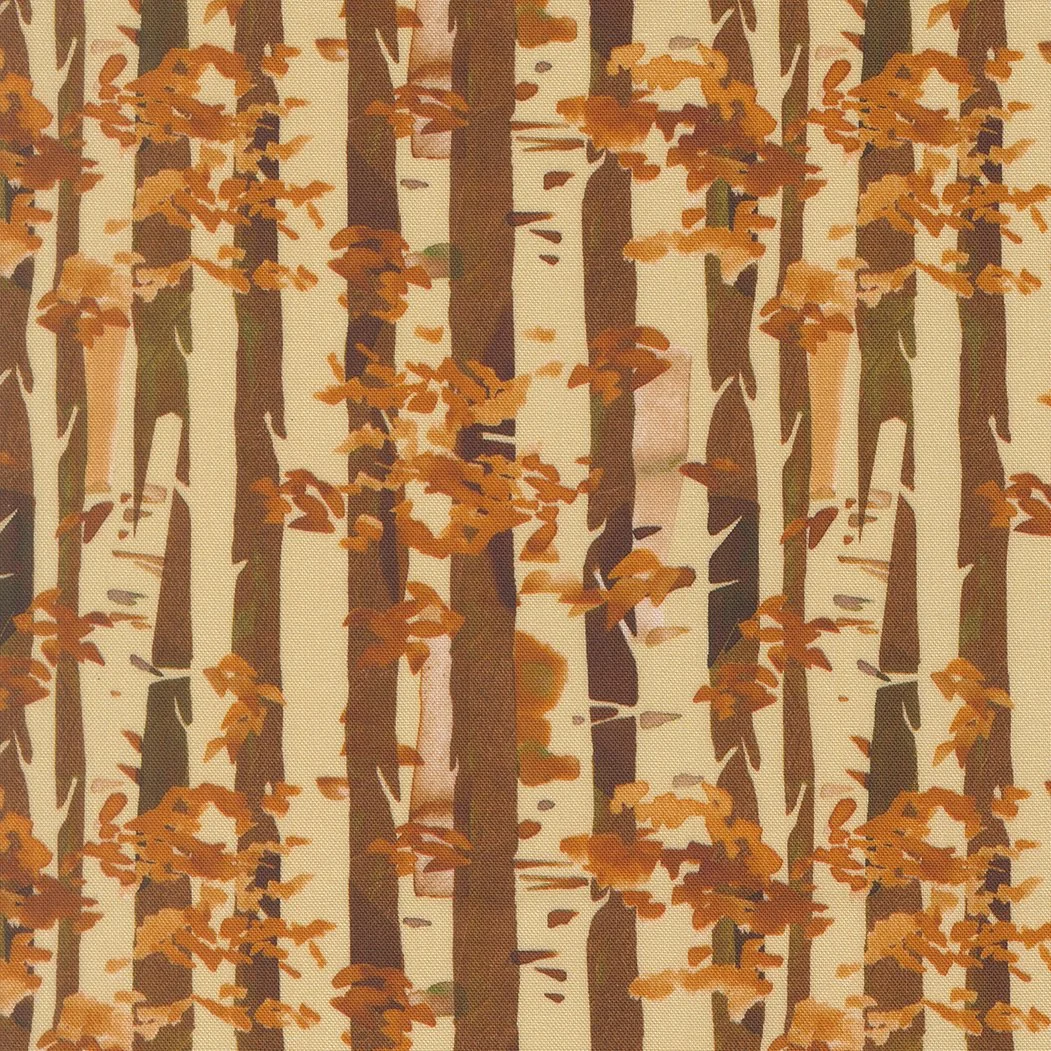 Patterns of stylized autumn trees with orange leaves on a beige background.
