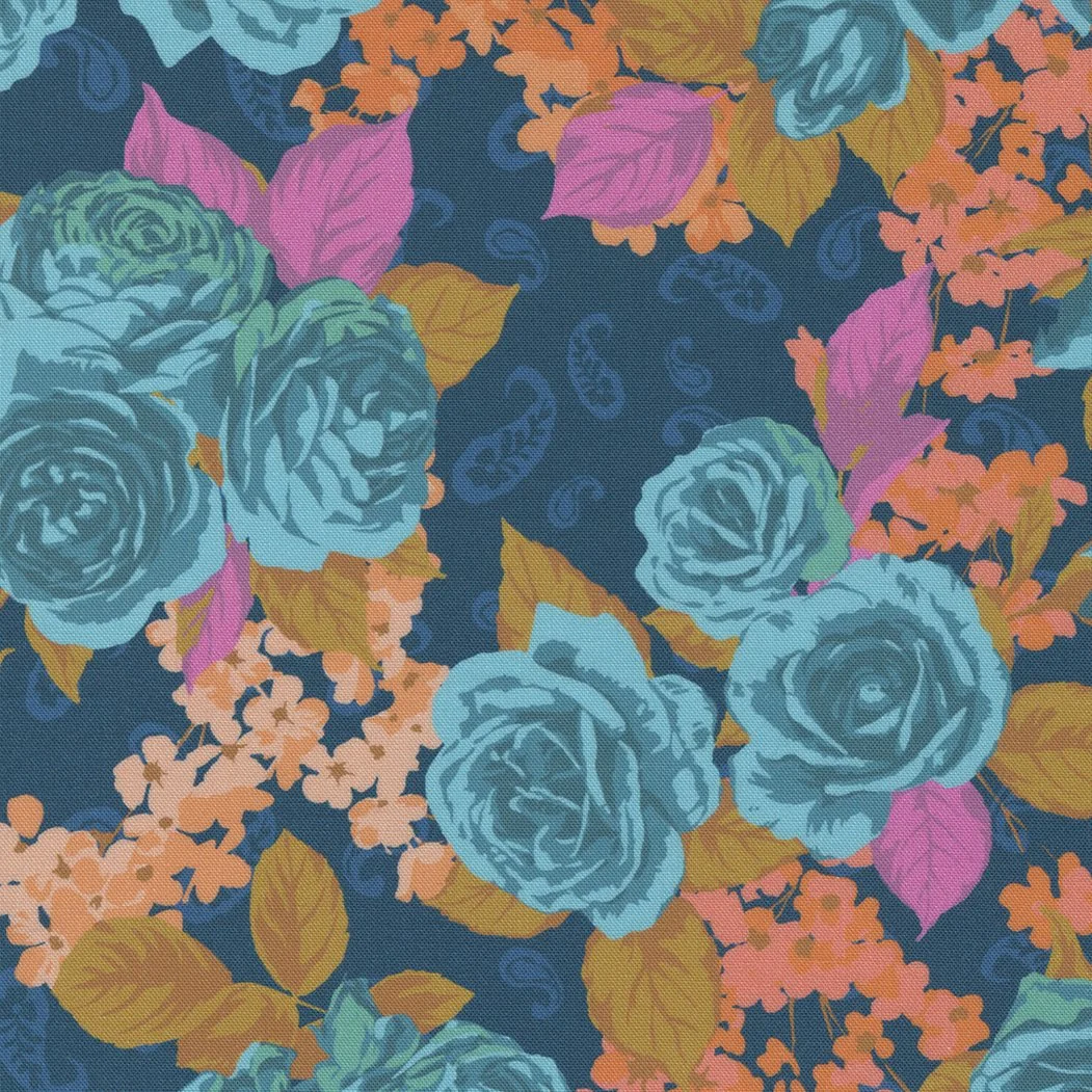 Colorful floral pattern with large blue roses, pink leaves, orange flowers, and yellow-green leaves on a dark background.