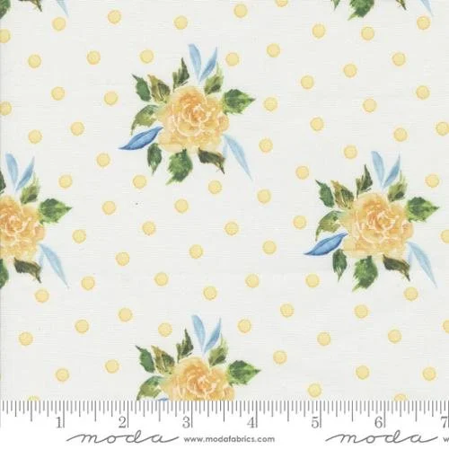 Pattern with yellow roses, green leaves, blue ribbons, and yellow polka dots on white fabric background.