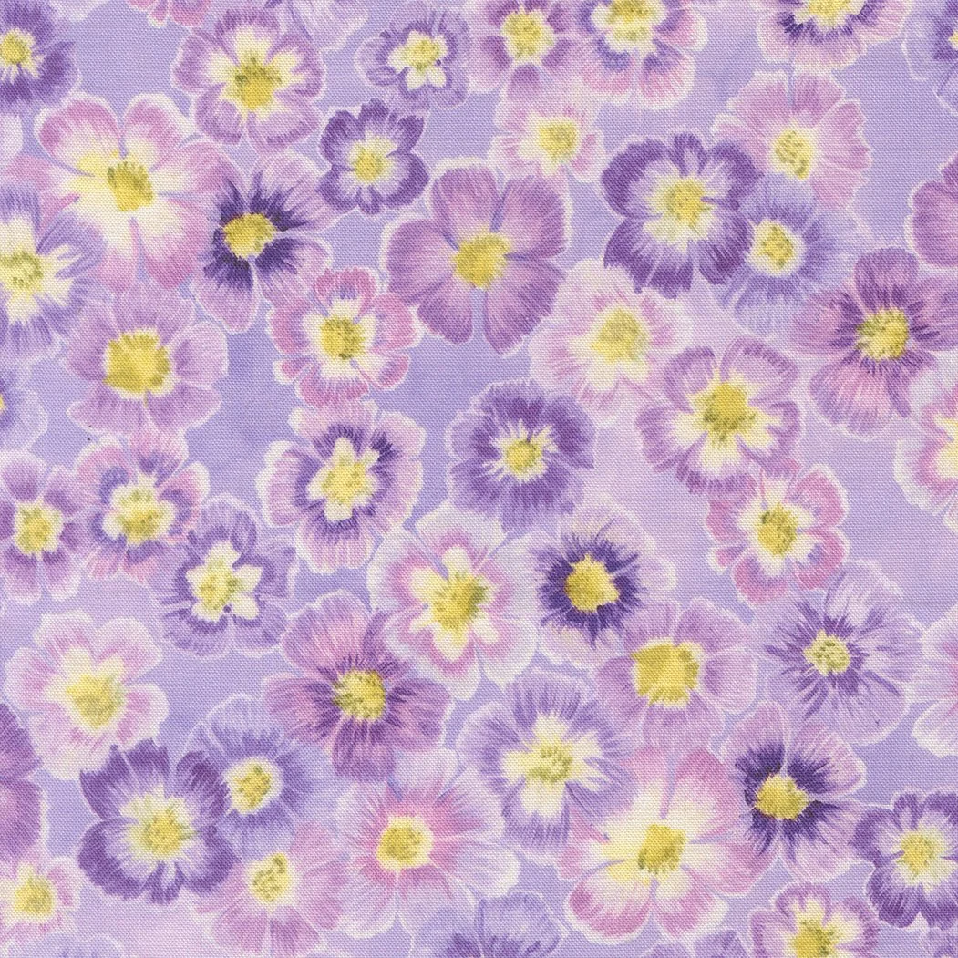 Pattern of small pastel-colored flowers in pink, purple, and yellow on a light purple background