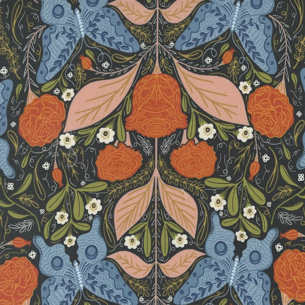 A symmetrical floral pattern featuring orange flowers, green leaves, pink leaves, white flowers, blue butterflies, and intricate black, pink, and blue background elements.