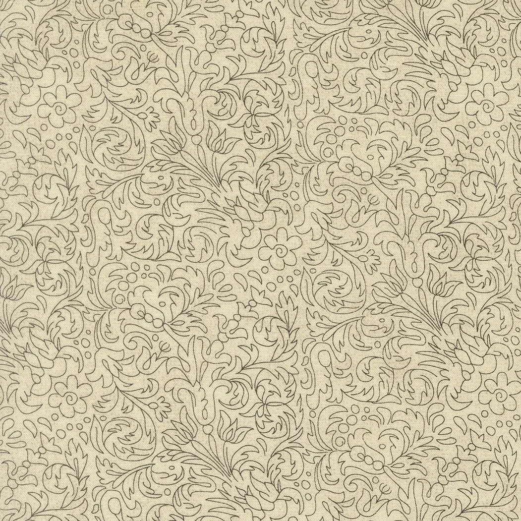 A decorative pattern of intricate, swirling floral and leaf designs with small berries, in a continuous line drawing style.