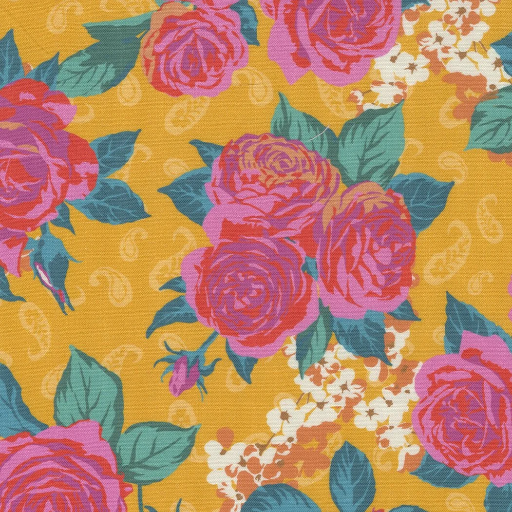 Bright yellow background with large pink and purple roses, green leaves, and small white flowers.